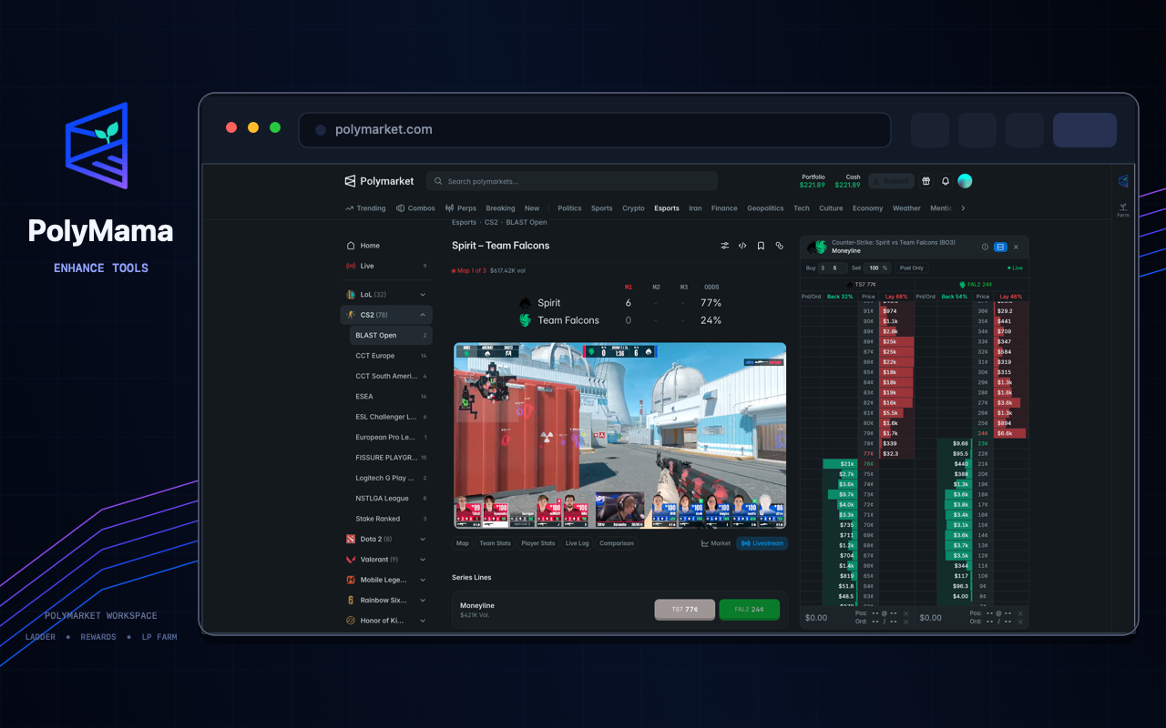 PolyMama Ladder displayed next to a live esports market on Polymarket