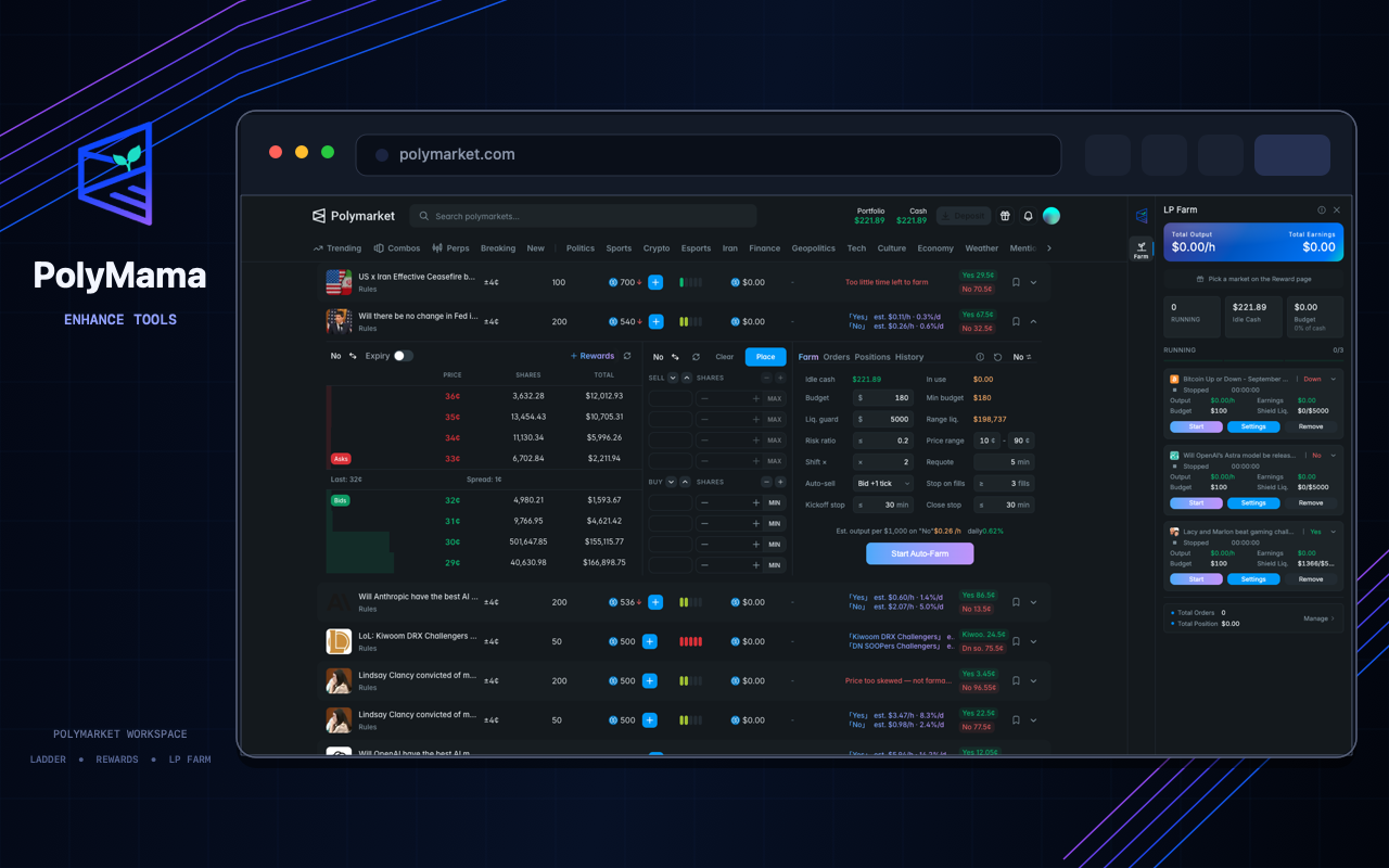PolyMama Rewards insights, LP Farm settings and multi-strategy dashboard on Polymarket